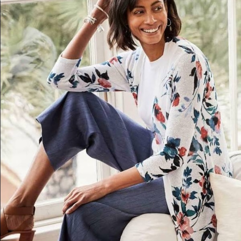 J. Jill White Floral Watercolor Open Front Longline Duster Cardigan New